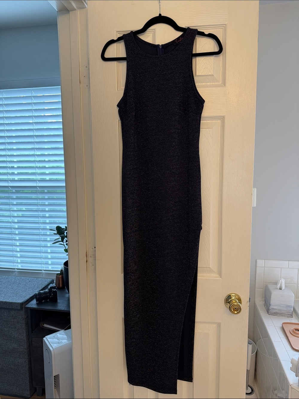 Sleeveless Navy Blue Glitter Maxi Dress